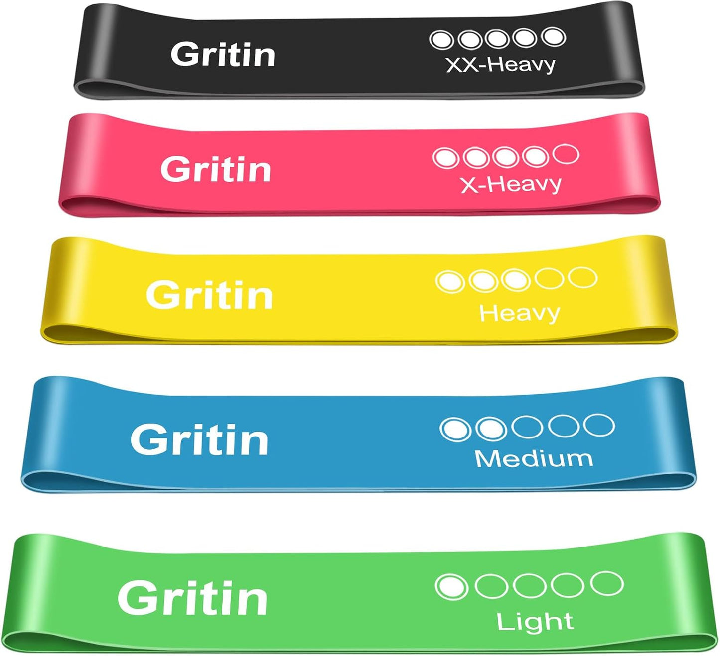 Gritin 5er Set Widerstandsbänder – Hochwertige Latex Fitnessbänder mit 5 Widerstandsstufen, Ideales Trainingszubehör für Muskelaufbau, Yoga und Fitness, Inklusive Tragetasche und Deutscher Übungsanleitung