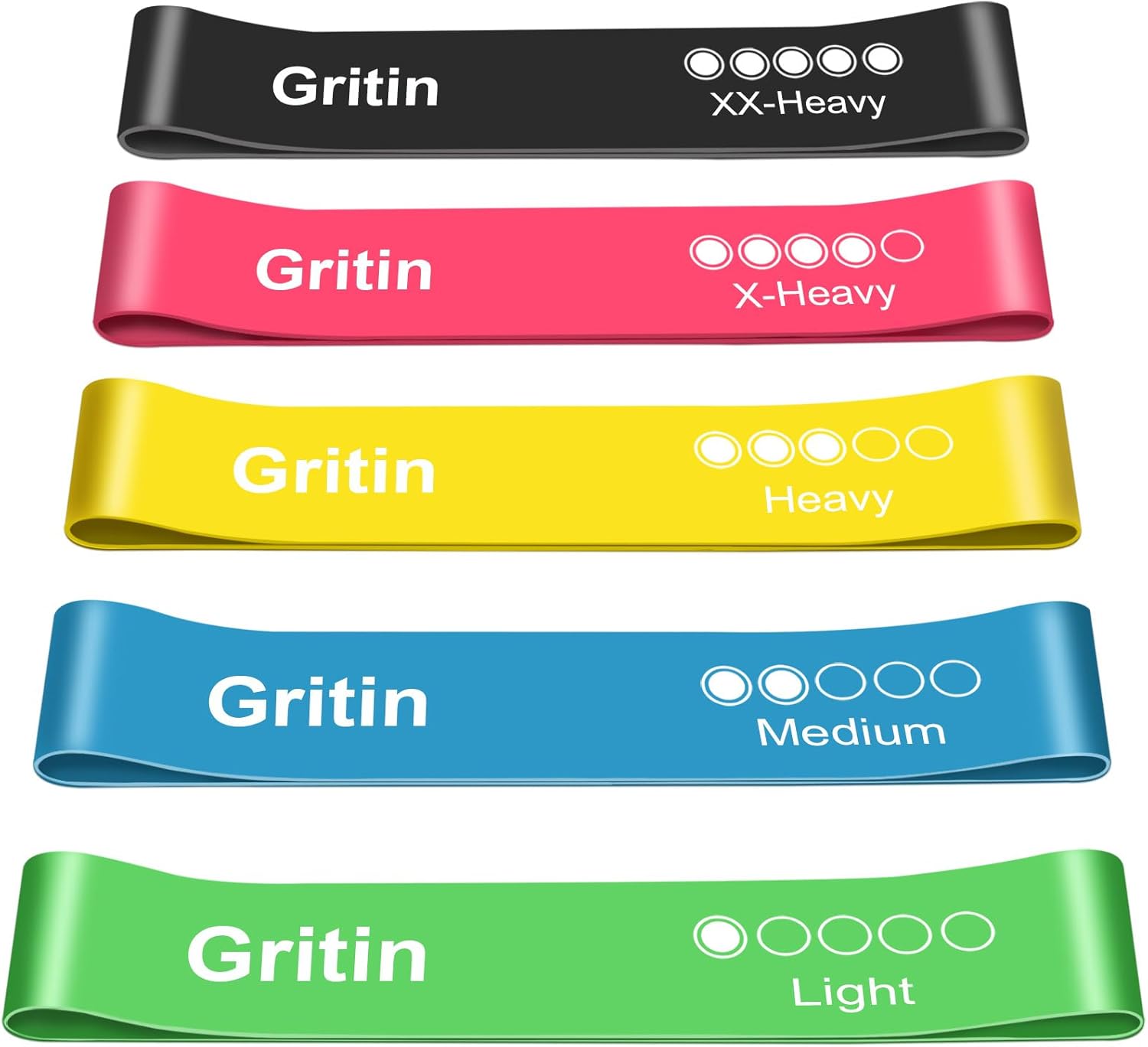 Gritin 5er Set Widerstandsbänder – Hochwertige Latex Fitnessbänder mit 5 Widerstandsstufen, Ideales Trainingszubehör für Muskelaufbau, Yoga und Fitness, Inklusive Tragetasche und Deutscher Übungsanleitung