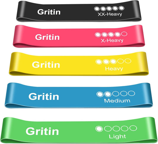 Gritin 5er Set Widerstandsbänder – Hochwertige Latex Fitnessbänder mit 5 Widerstandsstufen, Ideales Trainingszubehör für Muskelaufbau, Yoga und Fitness, Inklusive Tragetasche und Deutscher Übungsanleitung