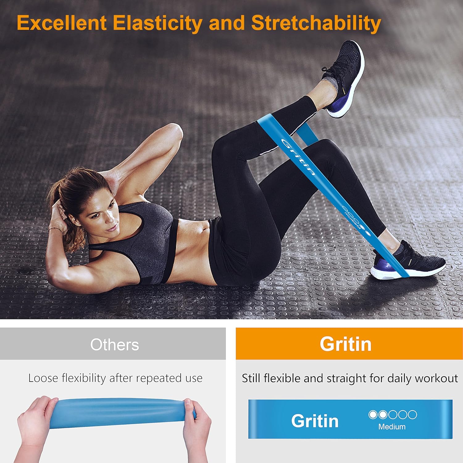 Gritin 5er Set Widerstandsbänder – Hochwertige Latex Fitnessbänder mit 5 Widerstandsstufen, Ideales Trainingszubehör für Muskelaufbau, Yoga und Fitness, Inklusive Tragetasche und Deutscher Übungsanleitung