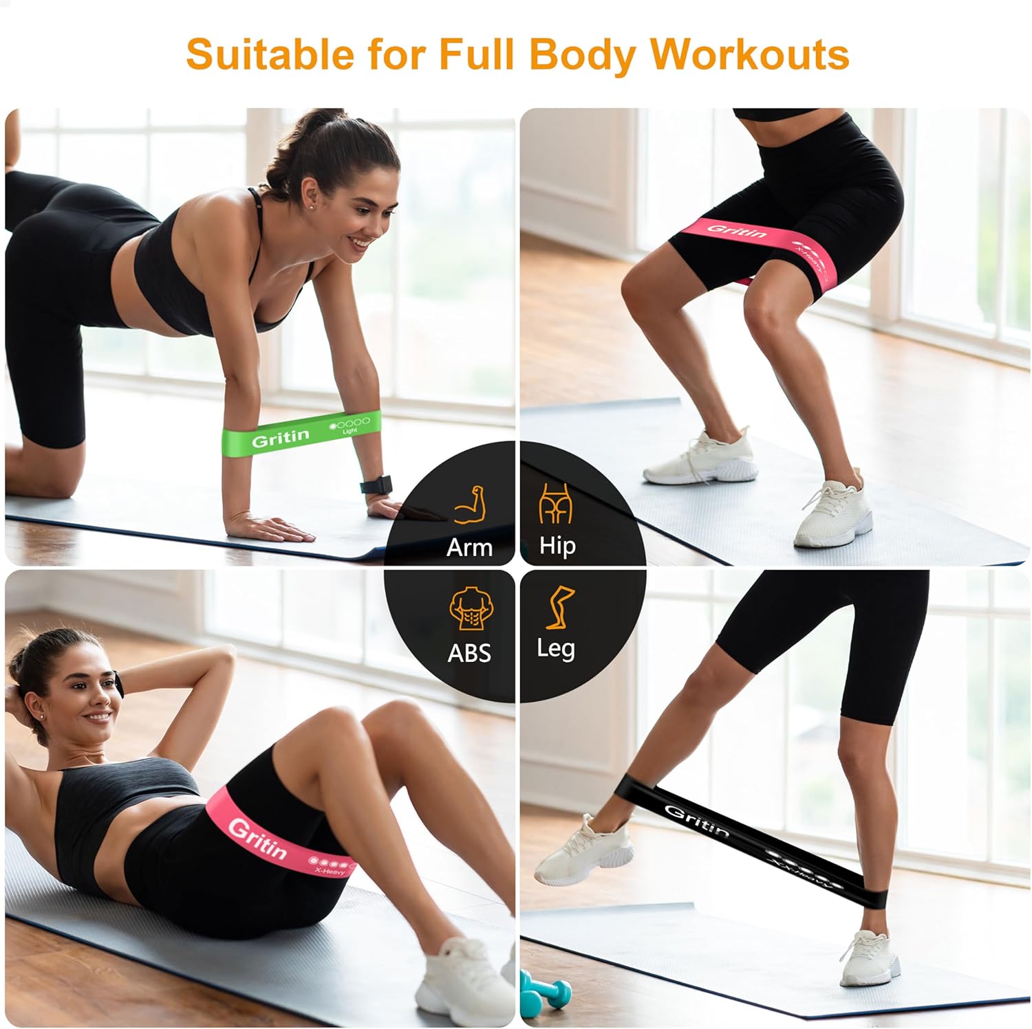 Gritin 5er Set Widerstandsbänder – Hochwertige Latex Fitnessbänder mit 5 Widerstandsstufen, Ideales Trainingszubehör für Muskelaufbau, Yoga und Fitness, Inklusive Tragetasche und Deutscher Übungsanleitung