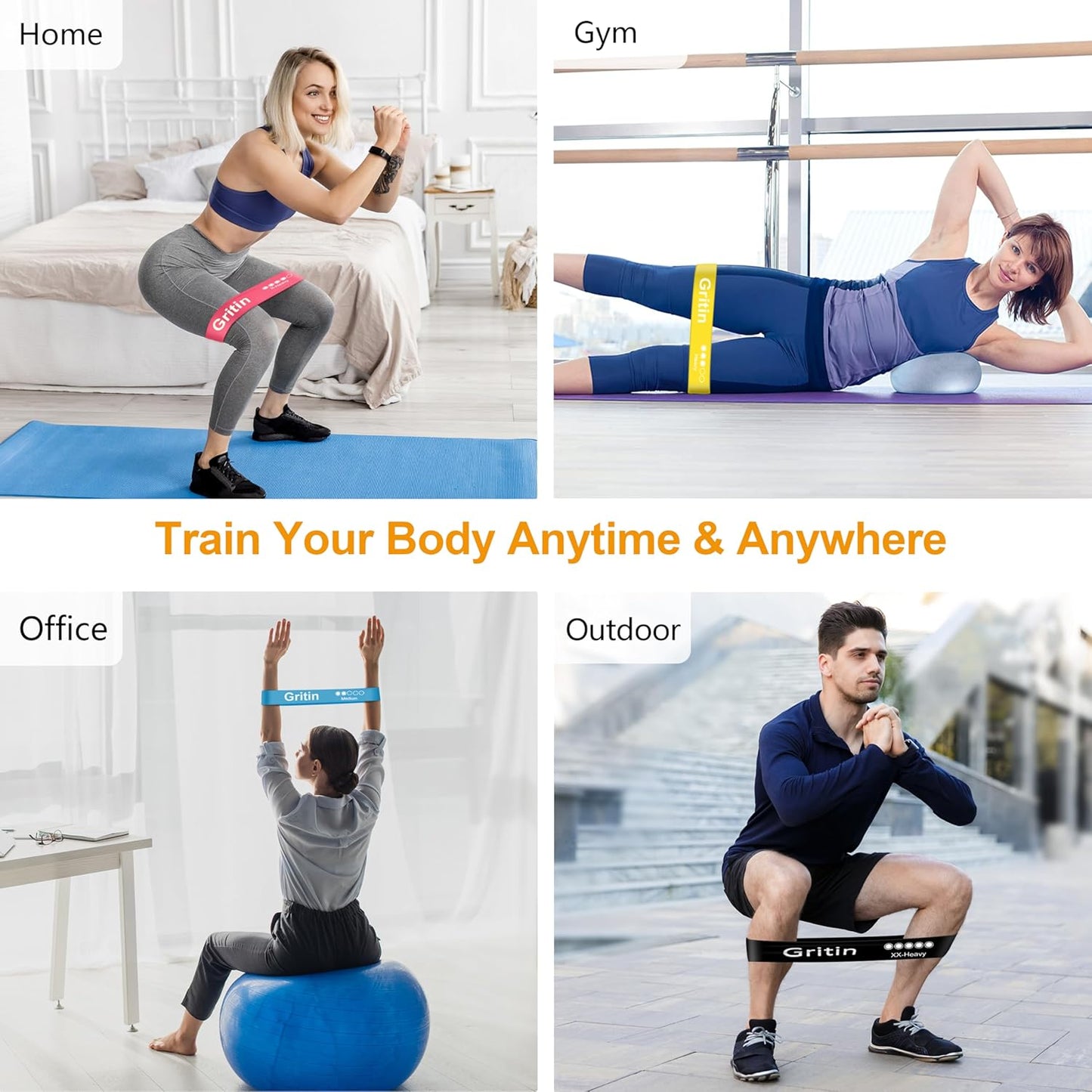 Gritin 5er Set Widerstandsbänder – Hochwertige Latex Fitnessbänder mit 5 Widerstandsstufen, Ideales Trainingszubehör für Muskelaufbau, Yoga und Fitness, Inklusive Tragetasche und Deutscher Übungsanleitung