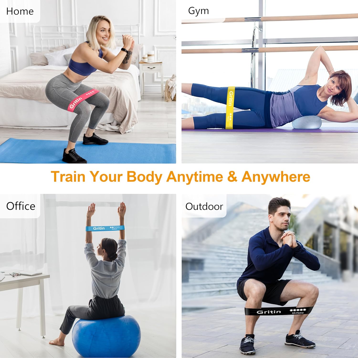 Gritin 5er Set Widerstandsbänder – Hochwertige Latex Fitnessbänder mit 5 Widerstandsstufen, Ideales Trainingszubehör für Muskelaufbau, Yoga und Fitness, Inklusive Tragetasche und Deutscher Übungsanleitung
